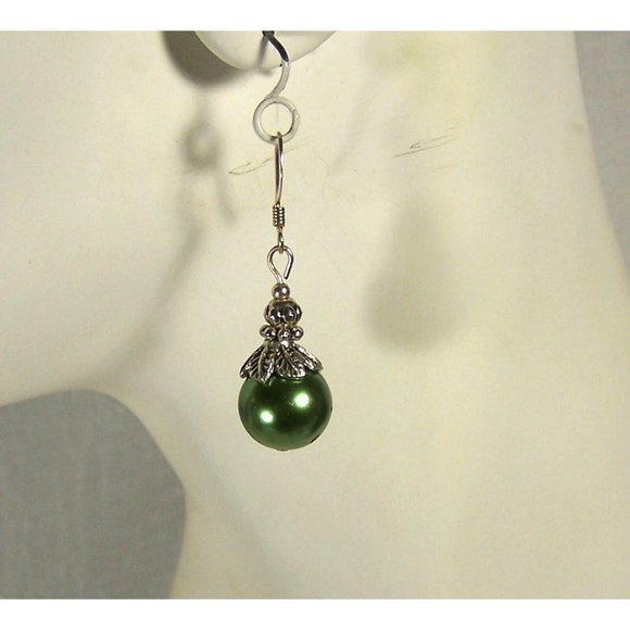 Sterling Silver 12mm Green Glass Pearl Earrings Caps Accent Beads Shepherd Hook - Picture 2 of 4